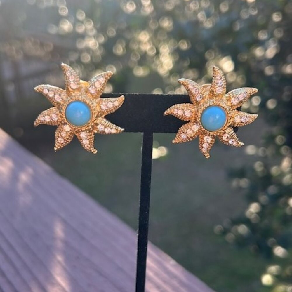 R.J. GRAZIANO Gold Rhinestone Sunburst Blue Stone EARRINGS - Picture 3 of 9